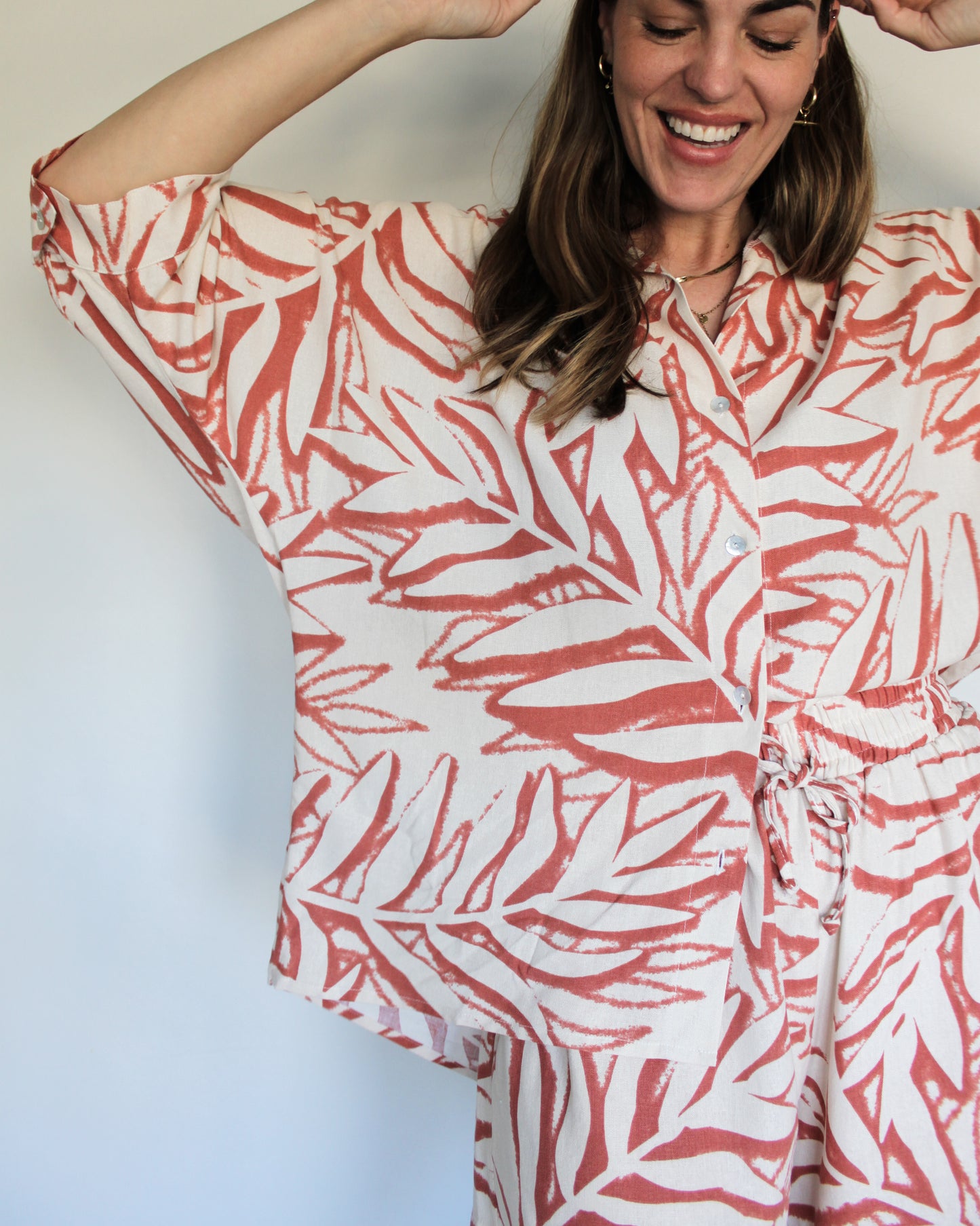 Ropa linen-blend short set (rusty leaves)