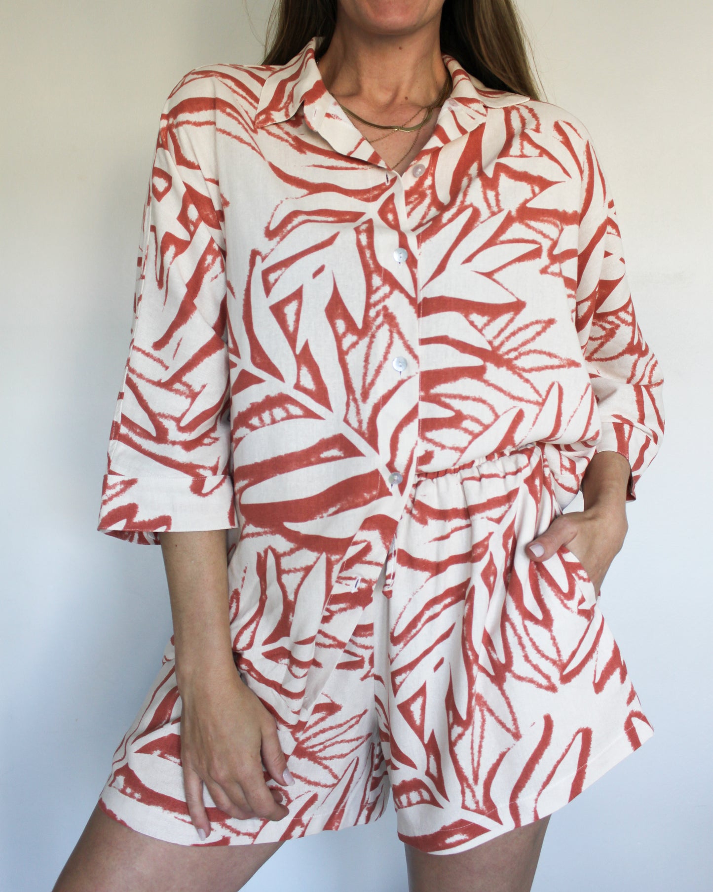 Ropa linen-blend short set (rusty leaves)