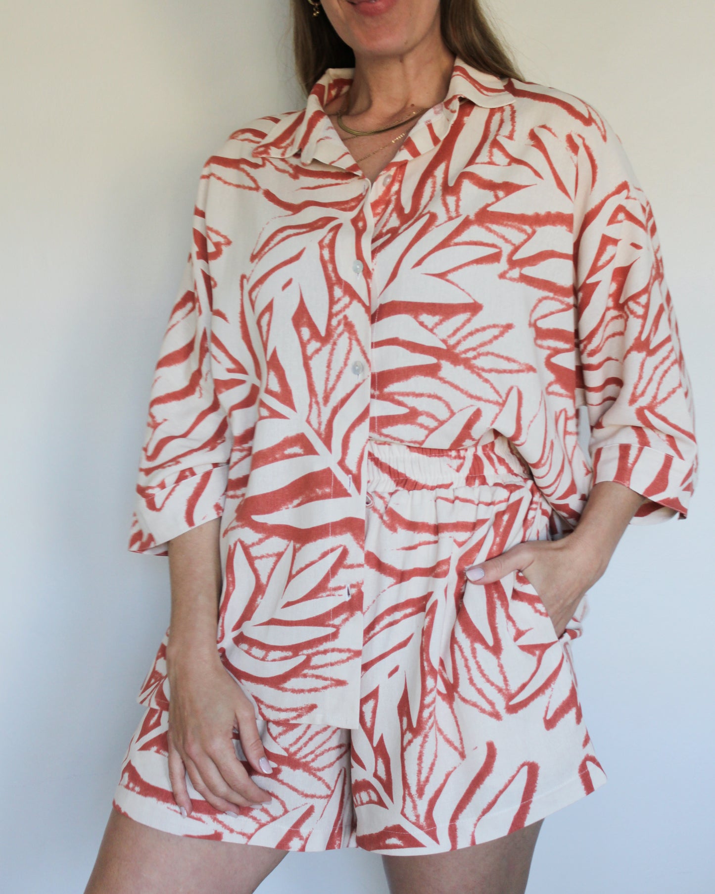 Ropa linen-blend short set (rusty leaves)