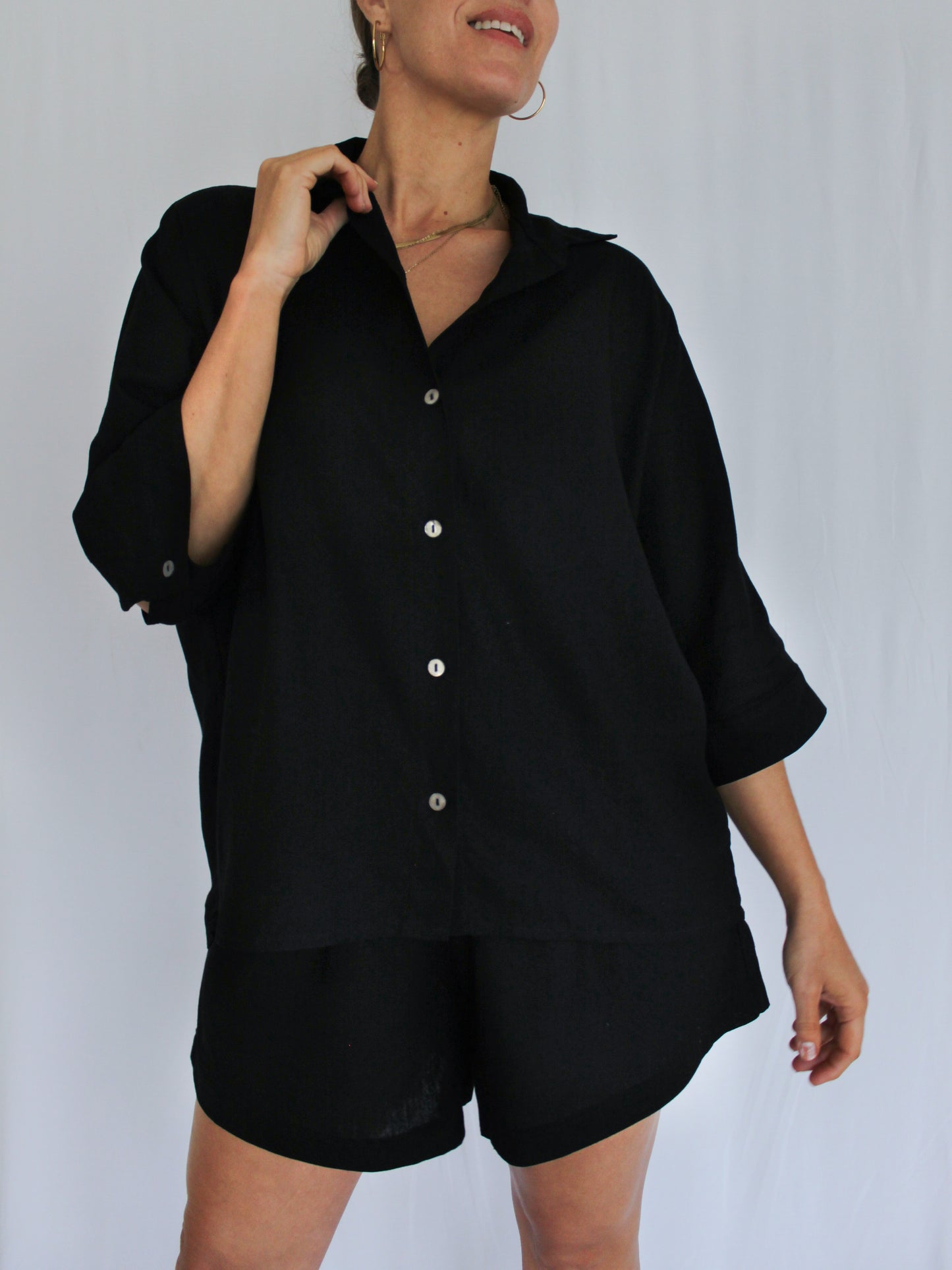 Ropa linen-blend short set (black)