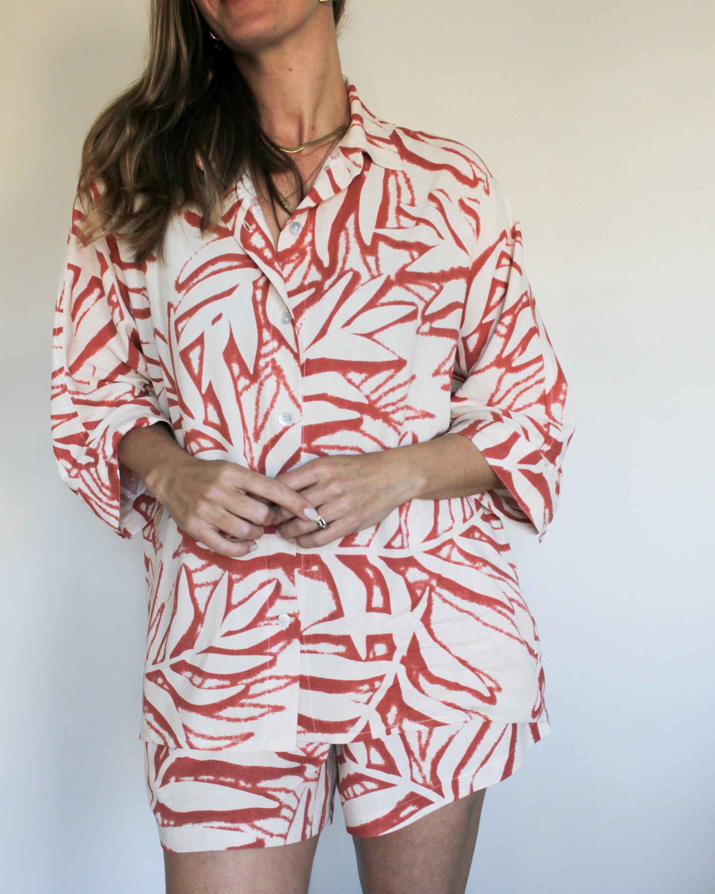 Ropa linen-blend short set (rusty leaves)