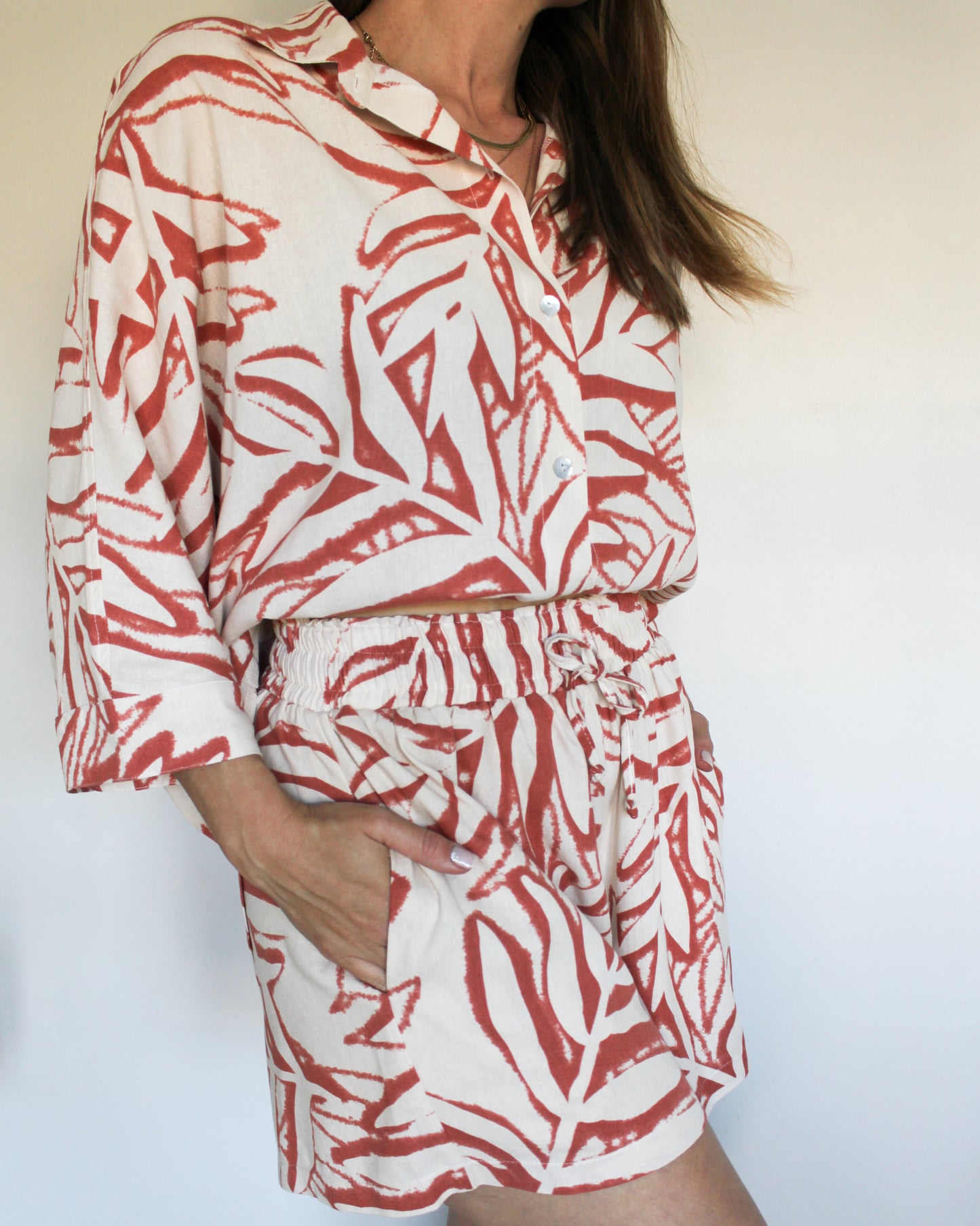 Ropa linen-blend short set (rusty leaves)