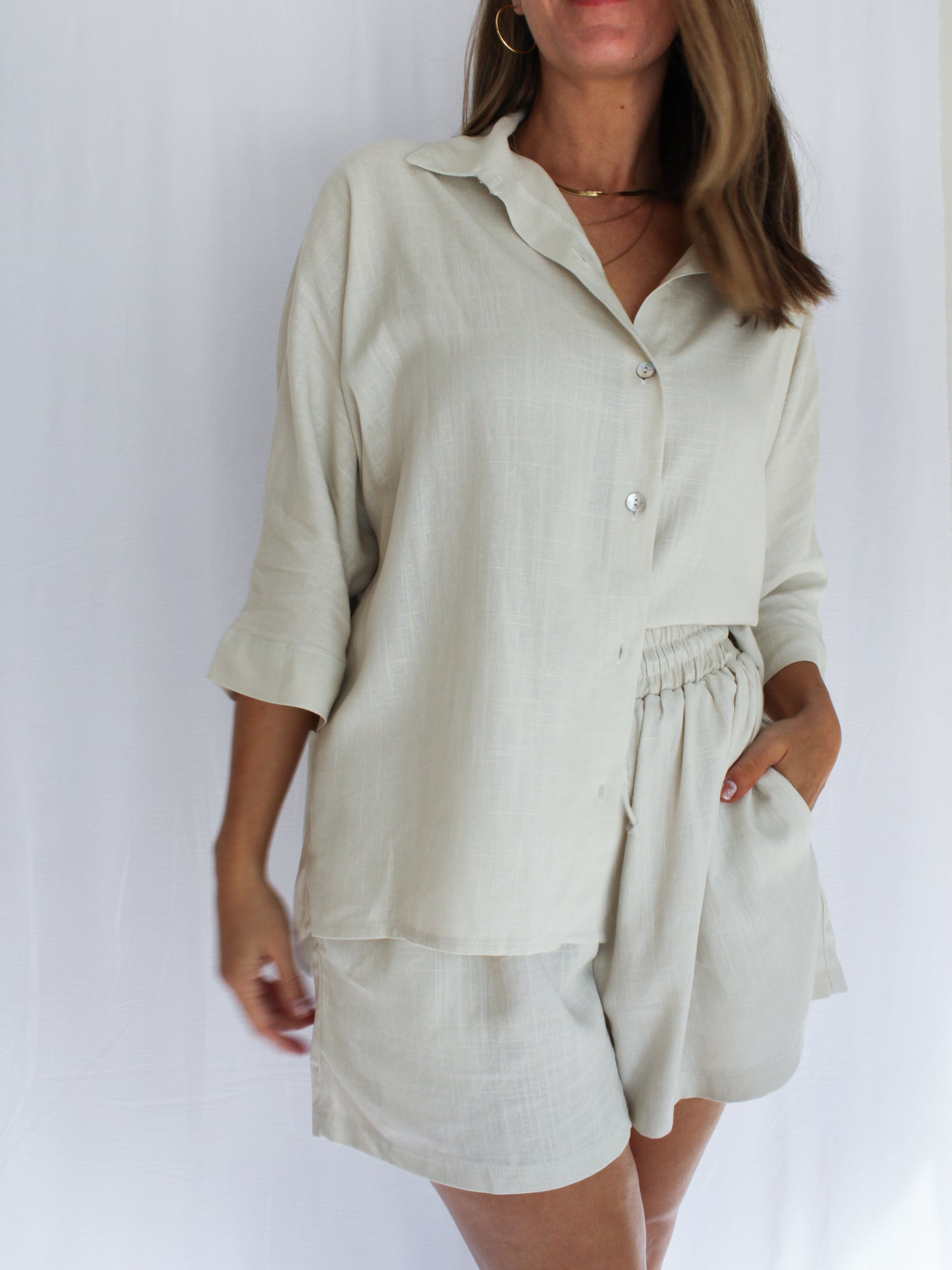Ropa linen-blend short set (buttercream)